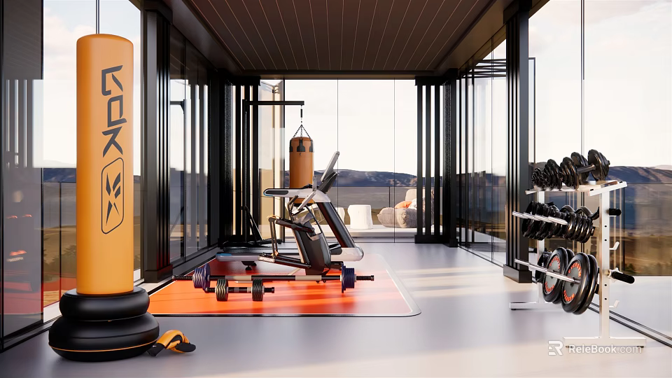 Modern Gym Fitness Setup With Large Windows Black Frames KOK Orange Punching Bag Treadmill Dumbbells Exercise Mat 3d model 