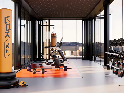 Modern Gym Fitness Setup With Large Windows Black Frames KOK Orange Punching Bag Treadmill Dumbbells Exercise Mat 3d model