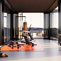Modern Gym Fitness Setup With Large Windows Black Frames KOK Orange Punching Bag Treadmill Dumbbells Exercise Mat