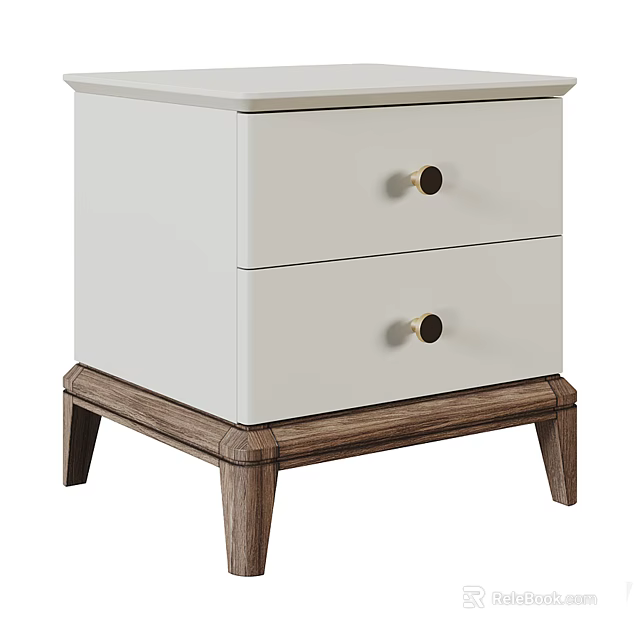Modern White Bedside Table With Two Drawers And Gold Knobs On Wooden Legs 3d model