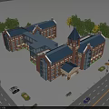 Red Brick School Building With Blue Roof Tower Surrounding Trees And Parking Cars