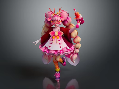 Cute Game and Movie Character With Pink Twin Ponytails And Bow Dress And Decorative Headwear 3d model