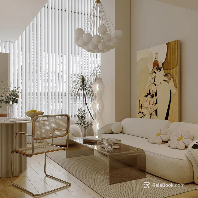 Modern Apartment Interior Featuring Vertical Blinds Spherical Chandelier White Sofa Wicker Chair And Art Painting 3d model 