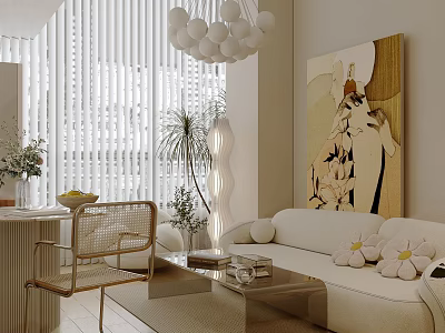 Modern Apartment Interior Featuring Vertical Blinds Spherical Chandelier White Sofa Wicker Chair And Art Painting 3d model