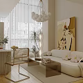 Modern Apartment Interior Featuring Vertical Blinds Spherical Chandelier White Sofa Wicker Chair And Art Painting