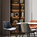 Modern Dining Table Set With Multi Colored Chairs And Lit Bookshelves Decor 3d model