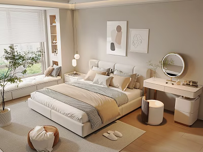 Modern Minimalist Bedroom With Bed Window Plant Dresser And Mirror Rug Slippers 3d model