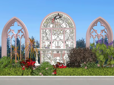 Scenic Photo Check-in Spot With Pink Gothic Arches Stained Glass Window Greenery And Blue Sky 3d model