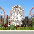 Scenic Photo Check-in Spot With Pink Gothic Arches Stained Glass Window Greenery And Blue Sky