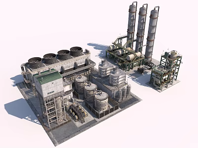 Industrial Facility With Cooling Towers Storage Tanks Tall Chimneys And Piping Systems 3d model