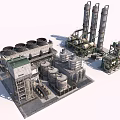 Industrial Facility With Cooling Towers Storage Tanks Tall Chimneys And Piping Systems