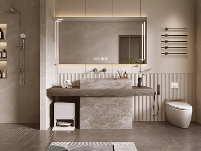 Modern Bathroom Interior with Marble Vanity Mirror Shower Area Towel Rack and Tile Floor 3d model