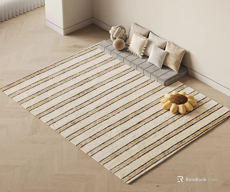 Neutral Striped Square Rug on Light Wooden Floor with Gray Sofa Pillows and Sunflower Decor 3d model 