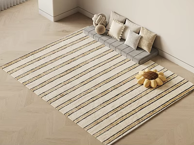 Neutral Striped Square Rug on Light Wooden Floor with Gray Sofa Pillows and Sunflower Decor 3d model