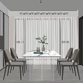 Modern Dining Room with Transparent Glass Table Grey Chairs Wine Cabinet White Curtains Potted Plant