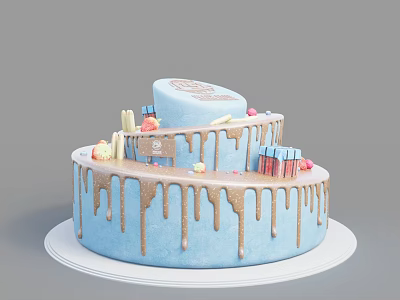 Festive Two Layer Blue Cake With Gold Drizzle Gift Boxes And Small Candles 3d model
