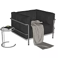 Black Leather Single Sofa with Metal Frame Round Side Table and Cozy Blanket