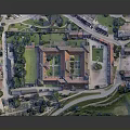 Red Brick Courtyard Buildings with Green Trees Lawns Roads and Scaled Model Layout