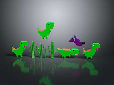 Pixel Art Green Dinosaur Characters With Different Poses Purple Creature And Cactus Plants 3d model