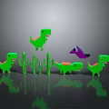 Pixel Art Green Dinosaur Characters With Different Poses Purple Creature And Cactus Plants