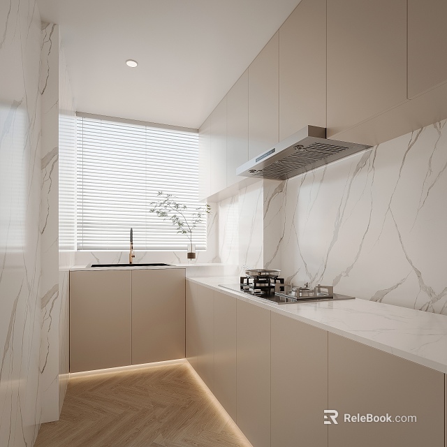 Modern Kitchen Interior With White Cabinets Marble Walls Stove Sink And Blinds 3d model 