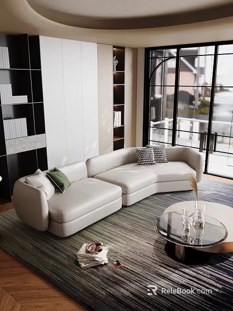 Modern Living Room With Curved White Sofa Green Cushion And Glass Coffee Table 3d model 