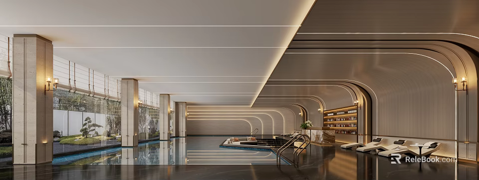 Elegant Modern Swimming Pool With Lounge Area Marble Floors And Glass Windows 3d model 