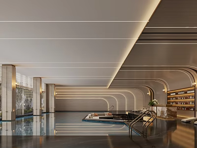 Elegant Modern Swimming Pool With Lounge Area Marble Floors And Glass Windows 3d model