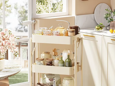 Bright Kitchen Interior With White Cabinets Three Tier Cart And Marble Countertop 3d model