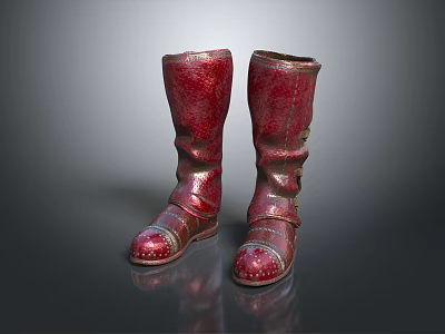 Red High Top Boots With Shiny Metallic Finish Vintage Design And Detailed Stitching 3d model
