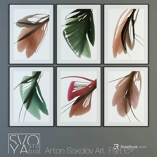 White Photo Frames Display Watercolor Plant Leaf Art Six Two Rows Three Columns Grey Background 3d model 