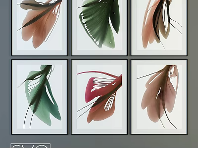 White Photo Frames Display Watercolor Plant Leaf Art Six Two Rows Three Columns Grey Background 3d model