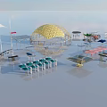 Tensile Membrane Structures With White Canopies And Dome Architectural Design 3d model