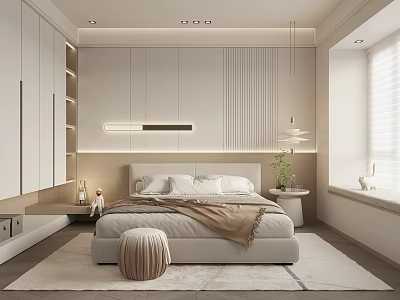 Modern Bedroom Interior With Built In Wardrobes Pendant Lighting Light Bedding And Window Blinds 3d model