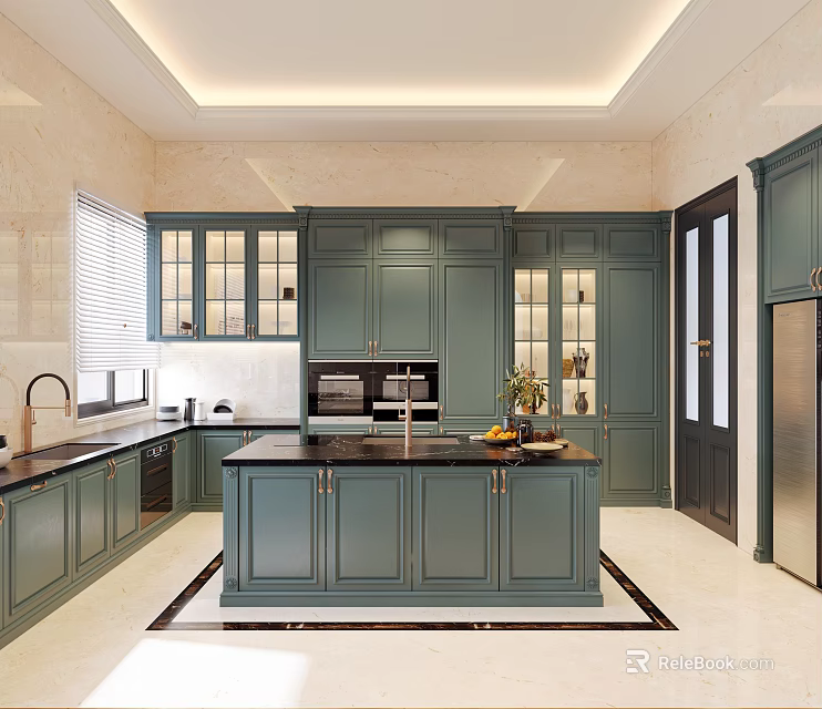 Modern Open Kitchen Interior Design With Island Counter Green Cabinets And Appliances 3d model 
