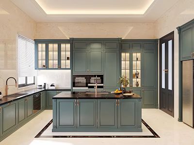 Modern Open Kitchen Interior Design With Island Counter Green Cabinets And Appliances 3d model