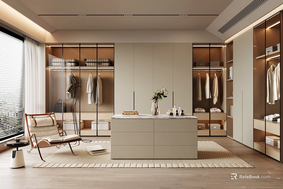 Modern Walk In Closet With Glass Doors Central Island And Decor 3d model 