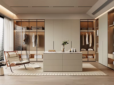 Modern Walk In Closet With Glass Doors Central Island And Decor 3d model