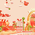 Cheerful Cartoon Playground With Red Character Slide Castle Small Plants Airplane And Clouds
