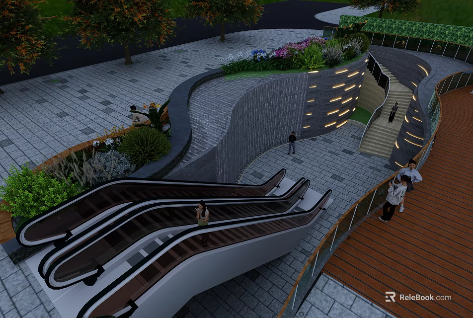 Contemporary Urban Plaza Design With Escalators Greenery Paved Ground Steps And Lighting 3d model 