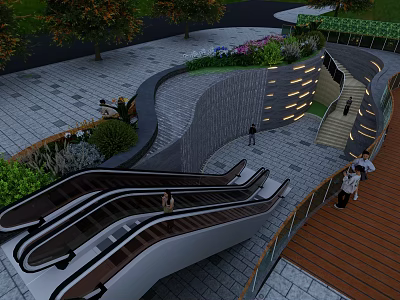 Contemporary Urban Plaza Design With Escalators Greenery Paved Ground Steps And Lighting 3d model
