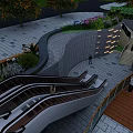 Contemporary Urban Plaza Design With Escalators Greenery Paved Ground Steps And Lighting