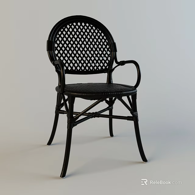 Black Rattan Armchair With Woven Backrest Curved Armrests And Crossed Legs 3d model 