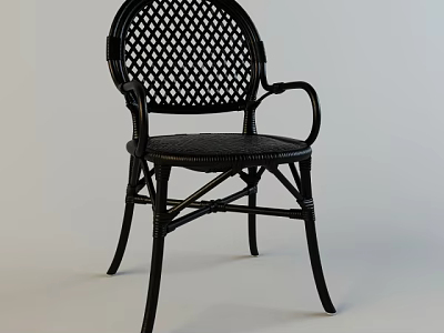 Black Rattan Armchair With Woven Backrest Curved Armrests And Crossed Legs 3d model
