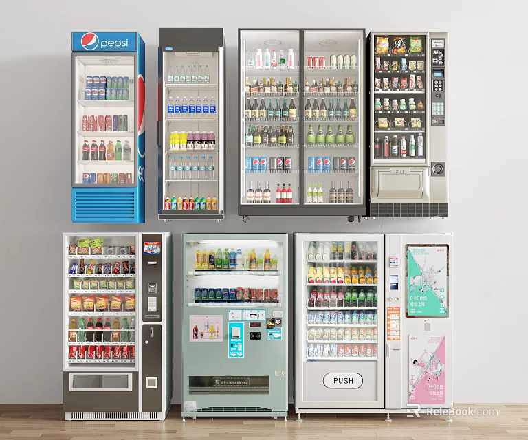 Multiple Refrigerated Vending Machines With Different Brands Various Bottled And Canned Beverages 3d model 