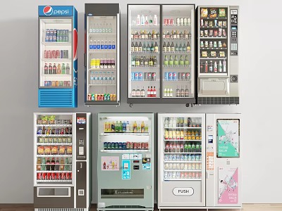 Multiple Refrigerated Vending Machines With Different Brands Various Bottled And Canned Beverages 3d model