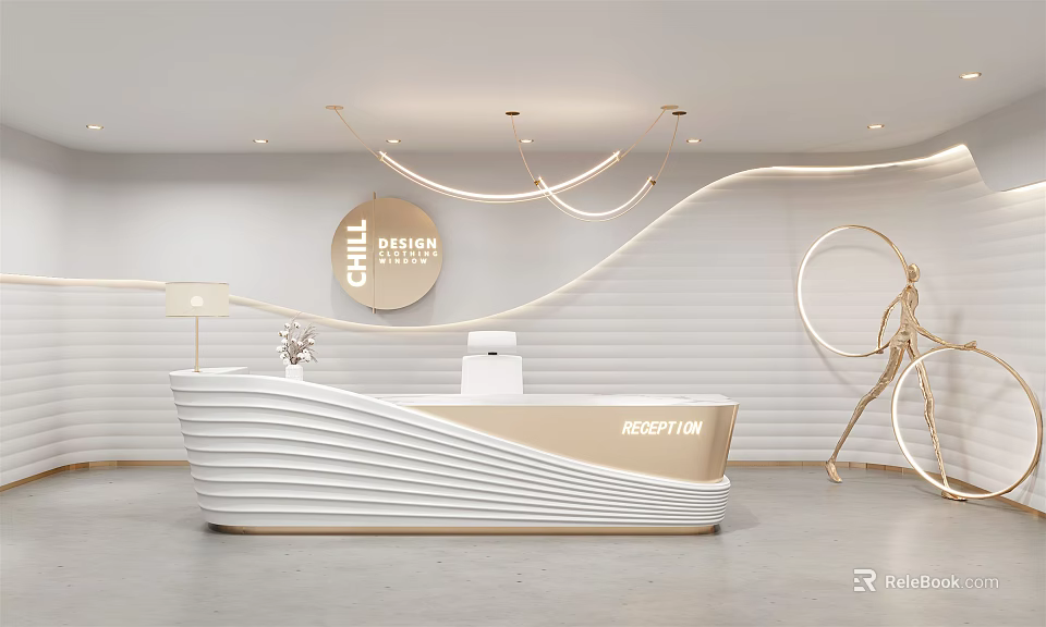Curved Modern Reception Desk With White Beige Circular Logo And Decorative Lighting In Chill Studio 3d model 