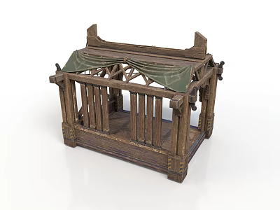 Traditional Wooden Scene Structure With Green Fabric Canopy And Railings 3d model