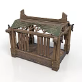 Traditional Wooden Scene Structure With Green Fabric Canopy And Railings