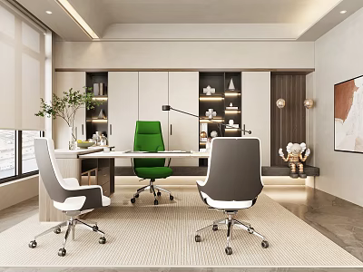Modern Spacious Executive Office Interior Design With Comfortable Chairs And Custom Storage Cabinets 3d model